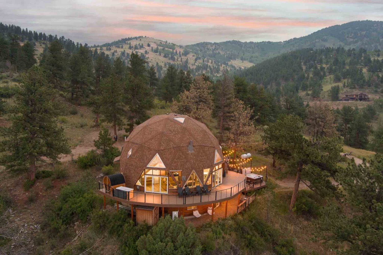 The geodesic dome glowing at dusk